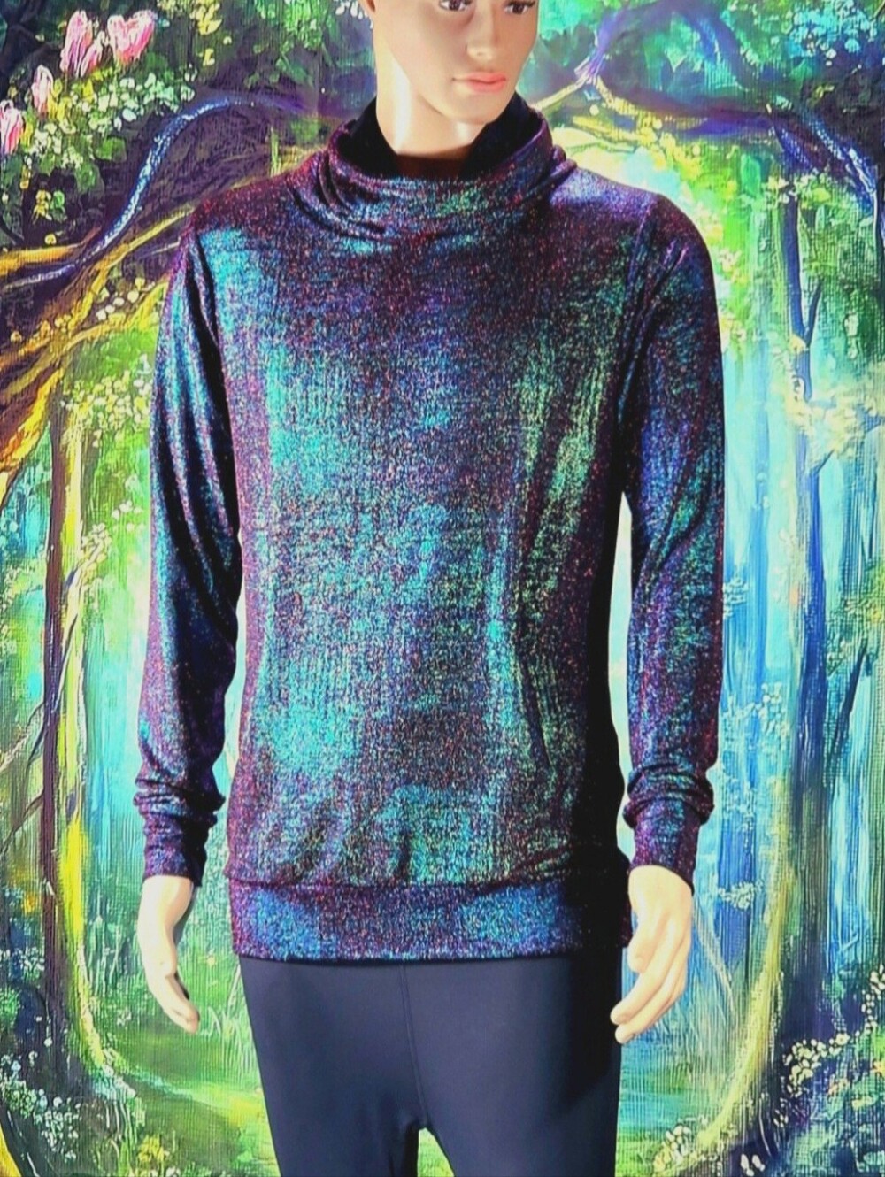 🔥 🔮 Mens Vibrant Holographic Cowl Neck Festival Rave Wear Shirt Mission L/XL